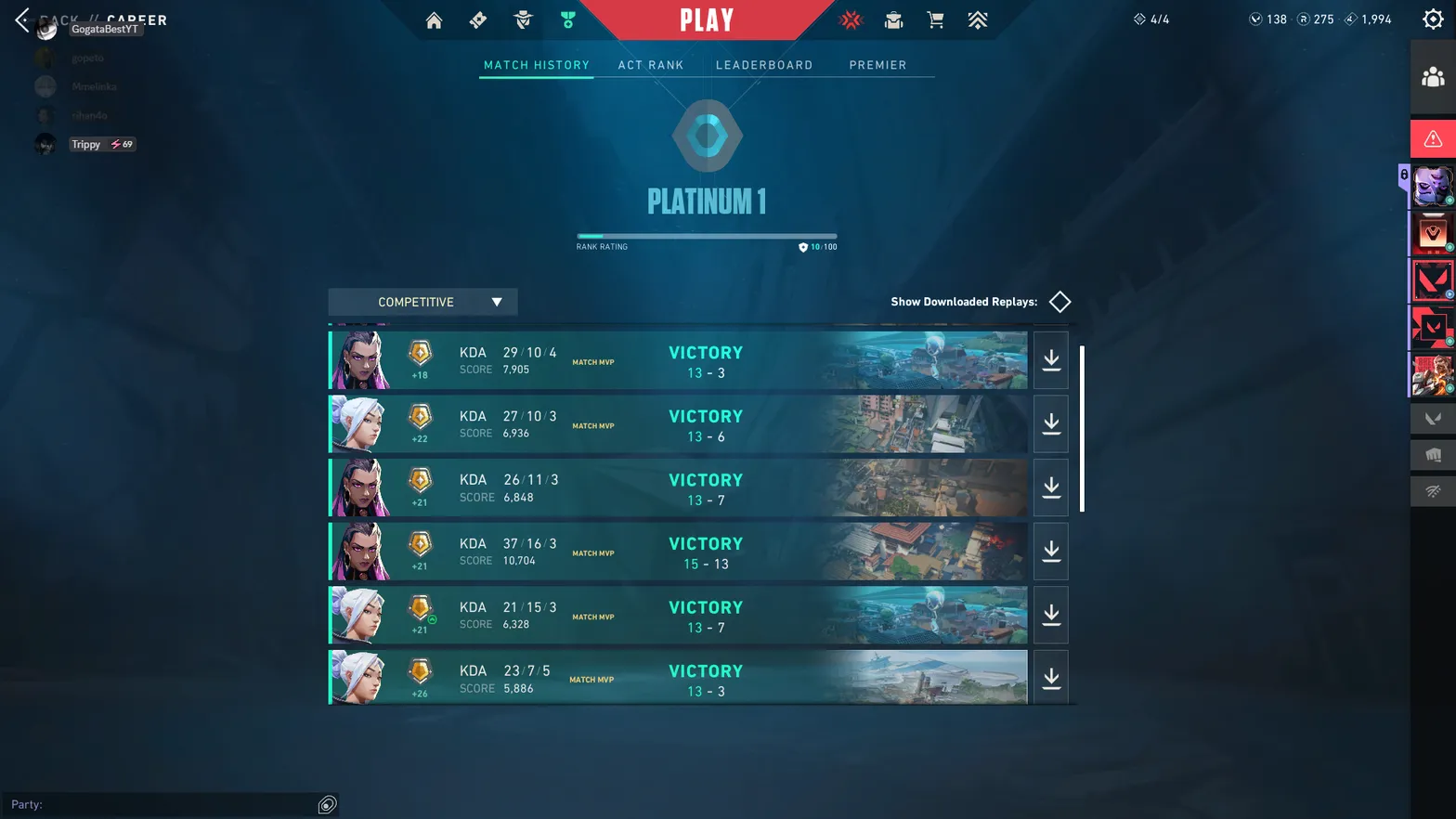 Valorant competitive screen showing Platinum 1 and a streak of victories.