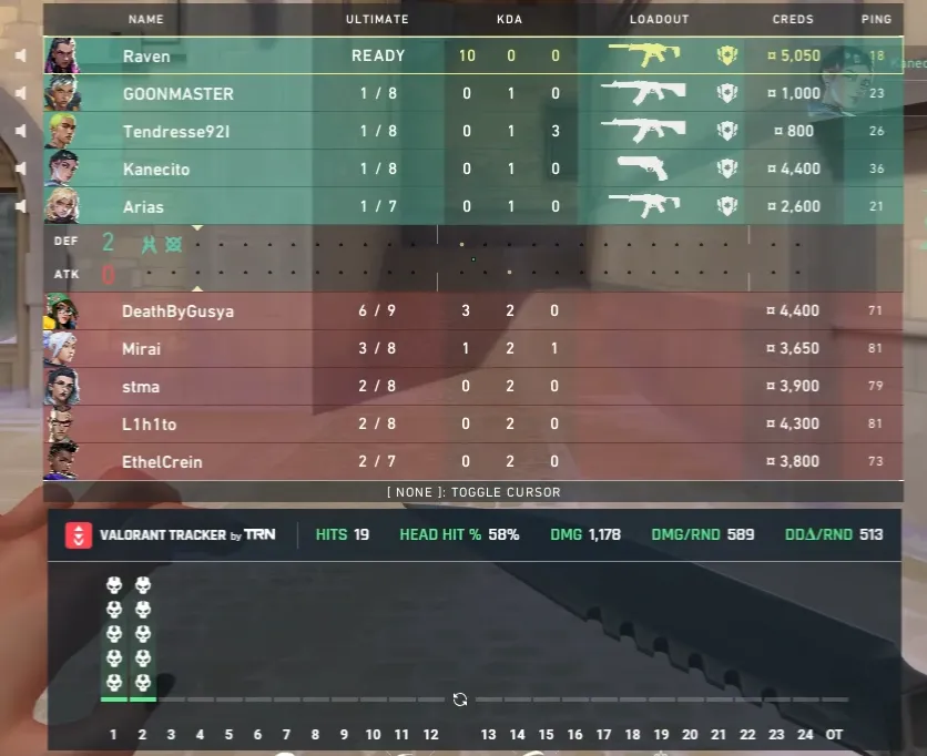 Valorant ranked-game scoreboard with tracker statistics visible.