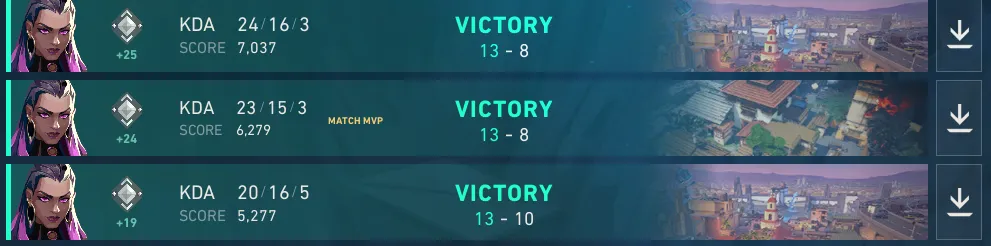 Three consecutive Valorant victories with rank-rating gains of 19, 24, and 25.